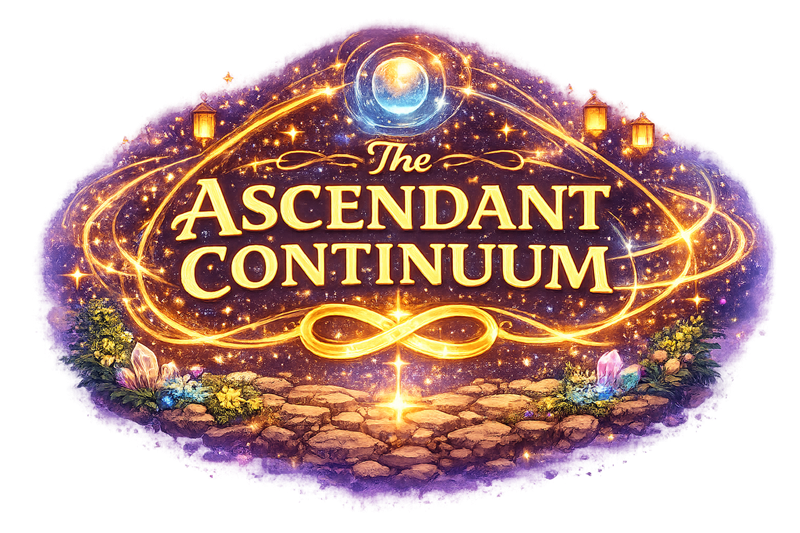 The Ascendant Continuum logo featuring mystical symbols and cosmic design elements representing the five magical realms
